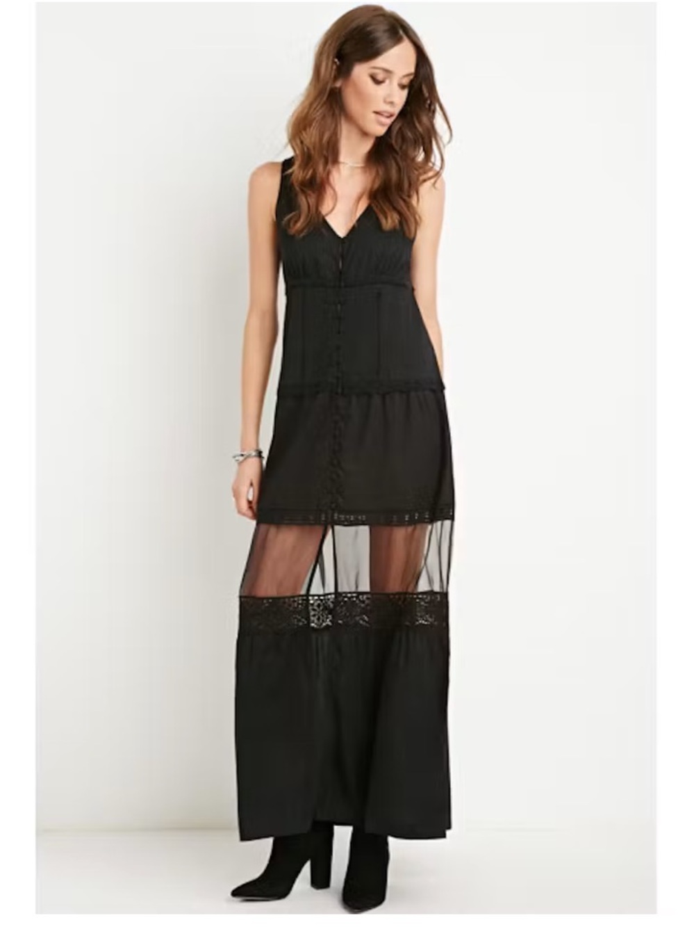Crochet-Trim Tiered Black Maxi Dress Sheer Panel Boho Cottage Whimsigoth Sz Med